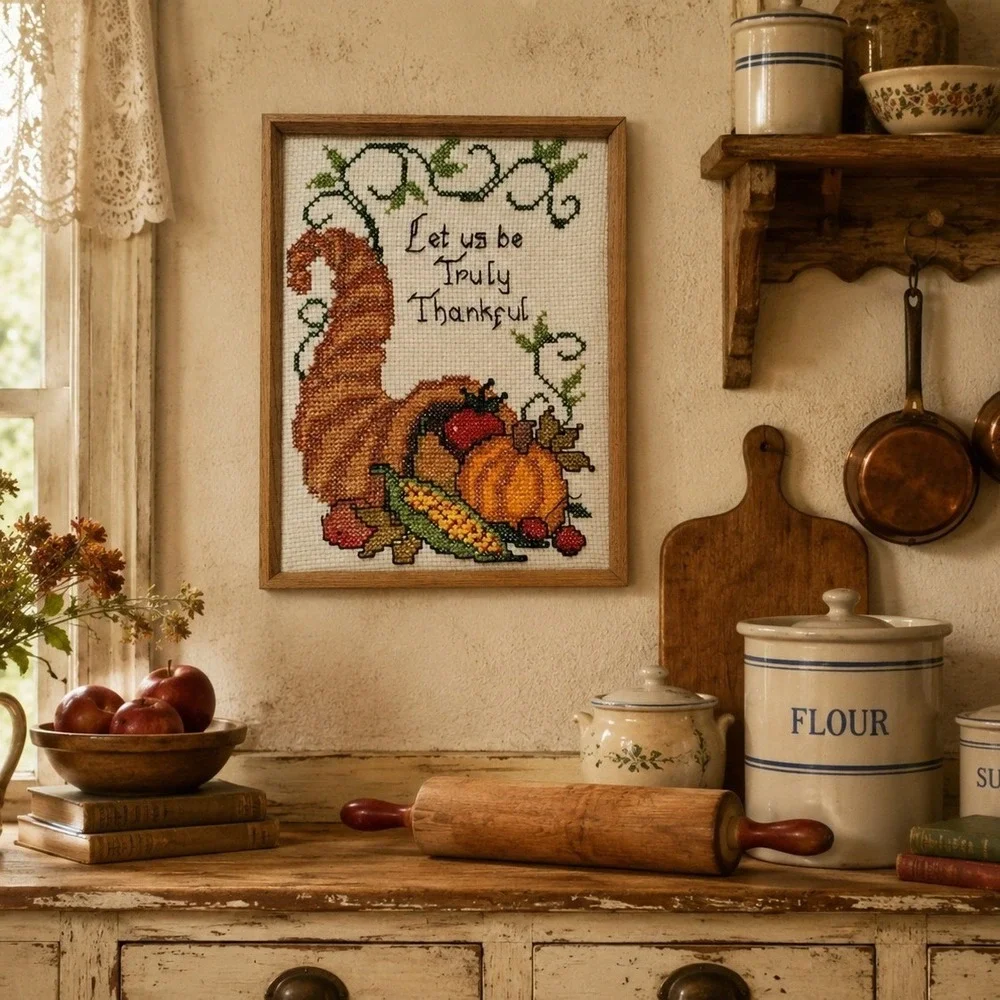 Vintage Framed Cross Stitch Cornucopia Let Us Be Truly Thankful Thanksgiving Art